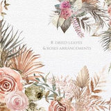 Dried Leaves  & Roses  Flowers Arrangements Clipart Watercolor Bohemian Bouquet Wedding, Dried Palm,  Greenery, Sublimation  Trendy Design