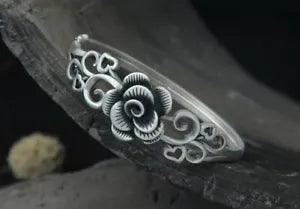 B25 Filigree Bangle Flower Peony Heart-Shaped Leaves 999 Fine Silver