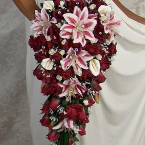 TIGER LILY BURGUNDY Bridal Groom Wedding silk flowers roses rosebuds calla lilies bouquets bouquet bow ribbon satin diamond bridesmaid love