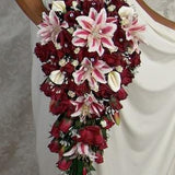 TIGER LILY BURGUNDY Bridal Groom Wedding silk flowers roses rosebuds calla lilies bouquets bouquet bow ribbon satin diamond bridesmaid love