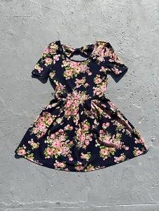 Black Floral  Dress With Pink peony, & Elasticated Waist Size S/XS