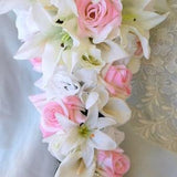 Bridal cascade wedding bouquet white and pink roses with casablanca lilies and callas