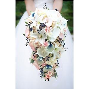 Navy Pink Blush White Cascade Bridal Bouquet Cherry Blossom Orchids Lily - add Bridesmaids Centerpieces Boutonnieres Corsages and More!