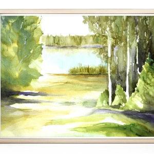 Vacation Home Wall Art, Small Wall Decor, 4x6 Fine Art Print, Local Art, Bright Green Landscape, Hiking Trail Water Color Mural, Minimalist