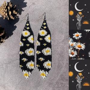Daisy Bead Fringe Earrings - Boho Black fringe earrings - long beaded earrings - handmade beadwork earrings - boho bead flowers earrings