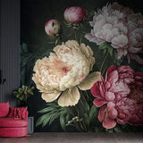 Vintage dark floral wallpaper, pink beige peony bouquet wallpaper, self adhesive, peel and stick, removable or traditional, vinyl wallpaper