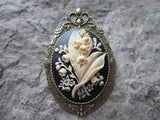 2 IN 1 - LILY OF THE VALLEY CAMEO BRONZE BROOCH / PIN / PENDANT - FLOWER - BLACK