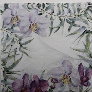 2 or 4 Pcs Paper Napkins For Crafting , Purple Orchid Blossoms And Green Plant Leaves On White Background , Phalaeonopsis Decoupage Napkins