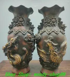 8" Qianlong Marked Bronze Gilt Dragon Phoenix Peony Flower Zun Vase Bottle Pair