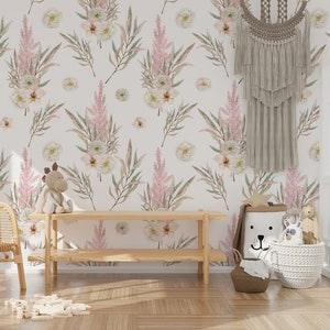 Watercolor wallpaper, floral pattern, pampas grass, orchid Wall Mural, Removable, Self Adhesive (Peel and Stick), Non Self Adhesive (Vinyl)