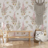 Watercolor wallpaper, floral pattern, pampas grass, orchid Wall Mural, Removable, Self Adhesive (Peel and Stick), Non Self Adhesive (Vinyl)