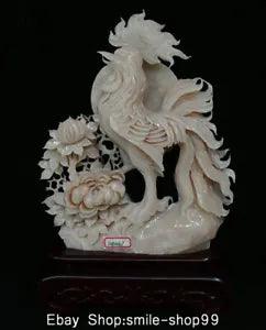 21" Chinese Pink Xiu Jade Carving Feng Shui Cock Rooster Peony Flower Statue