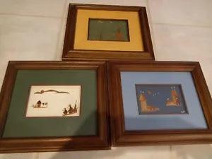 Set of 3 signed vintage matching wood framed leaf collage art works 12" x 10"