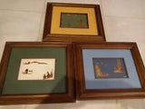 Set of 3 signed vintage matching wood framed leaf collage art works 12" x 10"