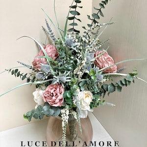 Large luxury hand tied faux flower arrangement with  dusky pink and cream peonies, salvia, thistle and eucalyptus.
