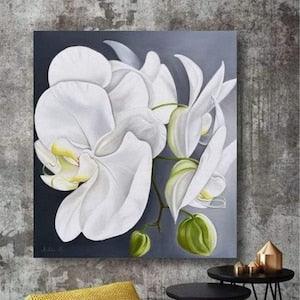 White orchid, large original painting, painting with flowers, vertical painting with flowers, white flowers on a gray background