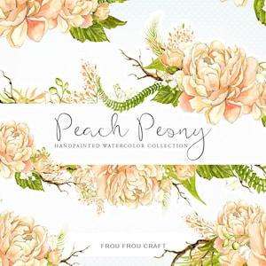 Pastel Flower Clip Art, Pastel Peach Peony Watercolor Frame, Peony Bouquet Clipart, Wedding DIY Pack, Green Peach Clipart, Diary Stickers