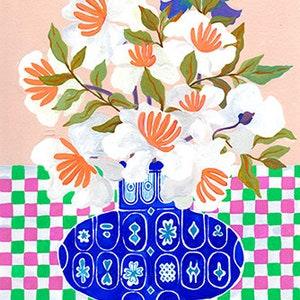 Orchid Foxgloves Still Life Art Print - Archival Quality from Original Gouache Painting, Colorful Wall Art