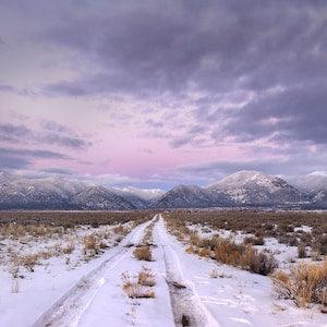 Pink And Purple Mountain Sunset/Fine Art Print/Mountain Snow/Orchid Sky Reflected On Snow/Tracks Leading To Mountains/Home And Wall Decor