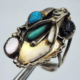 Vintage Navajo Lily Flower Turquoise MOP Onyx Sterling Silver Ring - Size 8.75