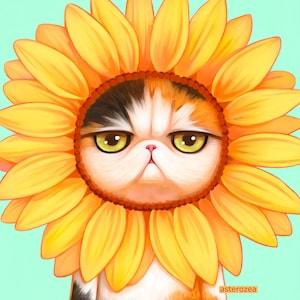 sunflower cat - exotic shorthair cat, big eyes art, cat lovers gift, Kawaii cat painting, cute animal print, quirky, pop art, cheery 8x8