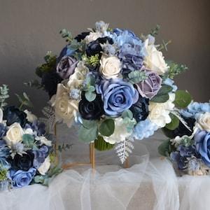 Faux Bridal Bouquet, Dusty Blue/SLATE BLUE/Navy Artificial Flowers, Blues White Wedding Bouquet, Real Touch Roses, Boutonnieres Corsages