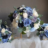 Faux Bridal Bouquet, Dusty Blue/SLATE BLUE/Navy Artificial Flowers, Blues White Wedding Bouquet, Real Touch Roses, Boutonnieres Corsages