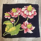 Lovely Vintage 40's 50's Black Pink PEONY FLOWERS Square Scarf Hollywood Regency