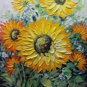 Large Original Sunflower Oil On Canvas, Blooming Yellow Flower Artwork, Heavy Texture Hand Painting Spring Home Wall Decor Customizable Gift