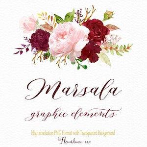 Marsala Clipart Watercolor Elements, Blush Pink Rose Bouquet with Bordo, Bordeaux, and Burgundy. Wedding Flower for Floral Invitation