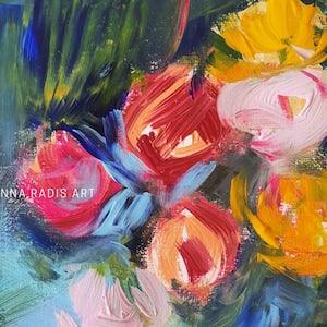 Impressionist floral art original small ranunculus painting, Pink yellow flowers on green, Miniature square handmade colorful floral art