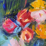 Impressionist floral art original small ranunculus painting, Pink yellow flowers on green, Miniature square handmade colorful floral art