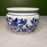 Vintage Blue & White Asian Ceramic Planter// Floral Flowers Butterfly