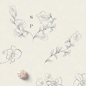 Set of Line Drawing Delicate Orchid Flowers illustrations. Wreaths, Frames. Cards, Logo, Branding, Wedding Invitations, Textiles, Packaging.