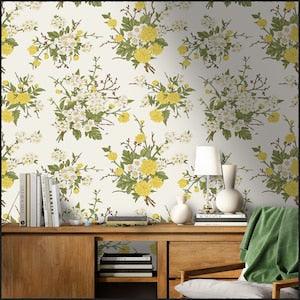 Floral Wallpaper Peel & Stick, Bouquets of Yellow White Flowers Wallpaper, Removable Wallpaper