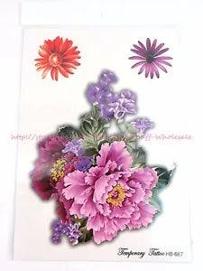 Peony flower temporary arm tattoo decal sheet with pink and purple blooms