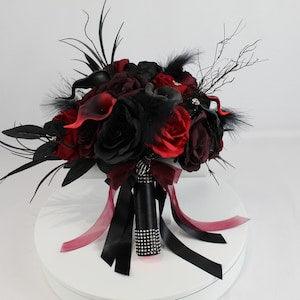 Stunning Realistic Artificial Red, Black and Burgundy Tiger Lily, Cala Lily & Rose Bouquet with skulls and feathers