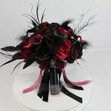 Stunning Realistic Artificial Red, Black and Burgundy Tiger Lily, Cala Lily & Rose Bouquet with skulls and feathers