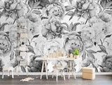 Gray and white peony floral removable textile wallpaper