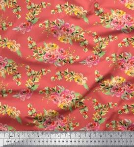 Soimoi Orange Velvet Fabric Leaves & Peony Floral Fabric Prints-OmV