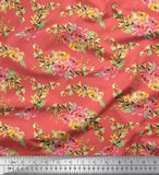 Soimoi Orange Velvet Fabric Leaves & Peony Floral Fabric Prints-OmV