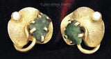 Vintage LISNER green Jade nugget stone Gold tone LILY PAD pearl EARRINGS clip