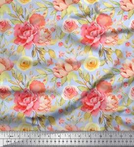 Soimoi Blue Viscose Chiffon Fabric Leaves & Peony Floral Print Fabric-WUZ