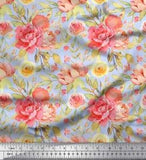 Soimoi Blue Viscose Chiffon Fabric Leaves & Peony Floral Print Fabric-WUZ