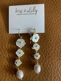 Iris & Lily Fresh water Pearl MOP Gold Tone Flower Drop 2.5???x0.5???Earrings NWT