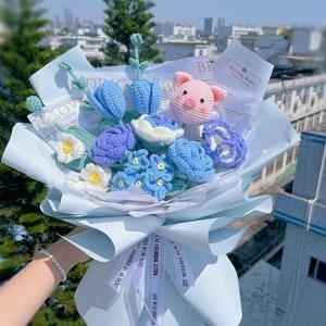 blue crochet pig flower bouquet,crochet rose flower,knitted flower boquet,gift for her,christmas gift,Graduation Gifts,christmas gift