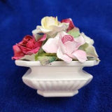 Staffordshire LARGE 1950s Porcelain Flower Bouquet, Bone China, 4 1/8" wide. 7 roses of yellow, pink, red, and white in a White Roman Pot.