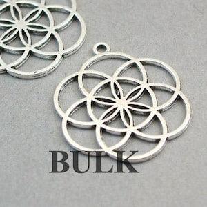 BULK 15 Flower Charm, Wholesale Seed of Life pendant beads, Antique Silver 31X36mm CM1216S