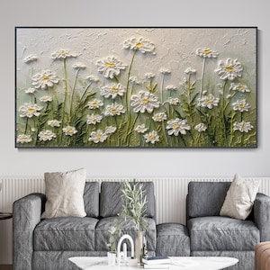 Spring Decor Modern White Plaster Style Canvas Oil Painting 3D White Daisy Texture Wall Art Green Plants Hand Knife Painting Custom