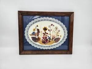 Vintage Framed Dried Pressed Flowers Doily Boho Home Art Decor Artist Signed